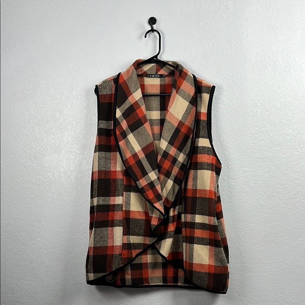 Yacun Vest Lapel Open Front Buffalo Plaid Sleeveless Cardigan SZ 2XL Fall Cozy